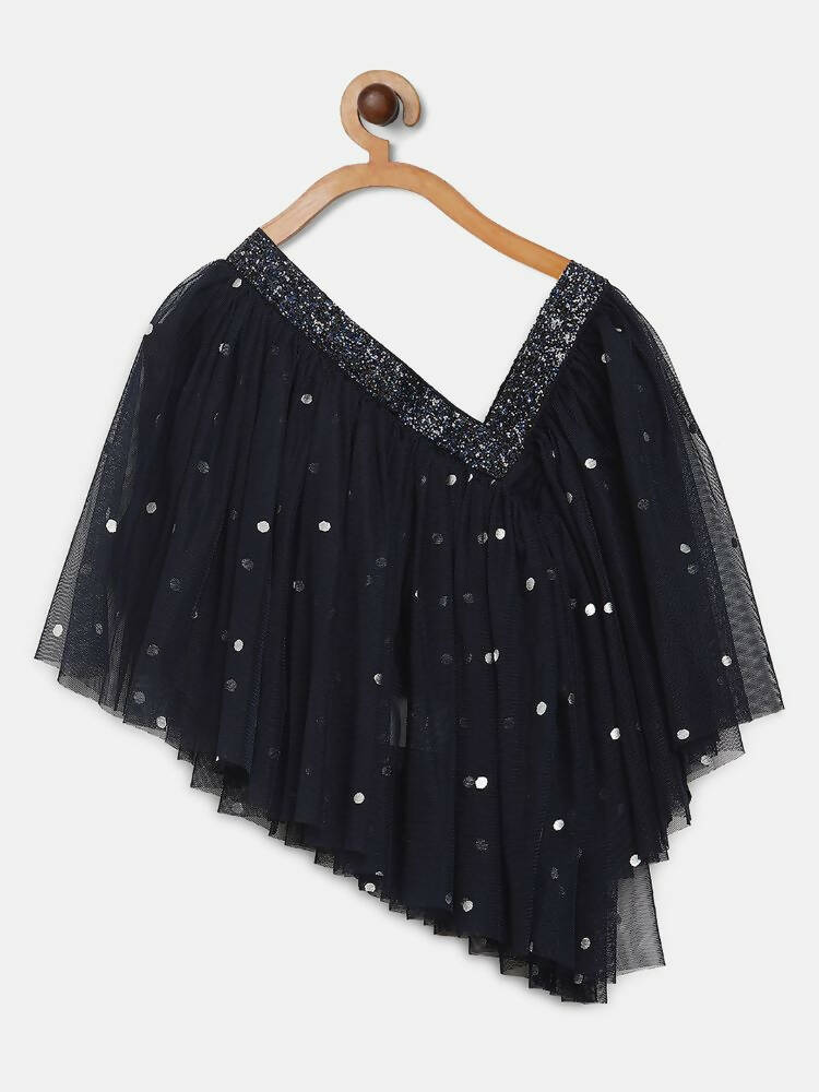 Ahalyaa Navy Blue Net Asymmetric Kids Top With Skirt For Girls | Grocsy