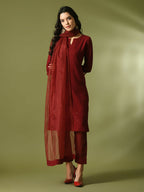 Myshka Women's Maroon Embroidered Cotton Straight Party Kurta Set With Dupatta | Grocsy