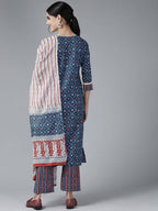 Yufta Women Blue & White Printed Pure Cotton Kurta with Palazzo & With Dupatta | Grocsy