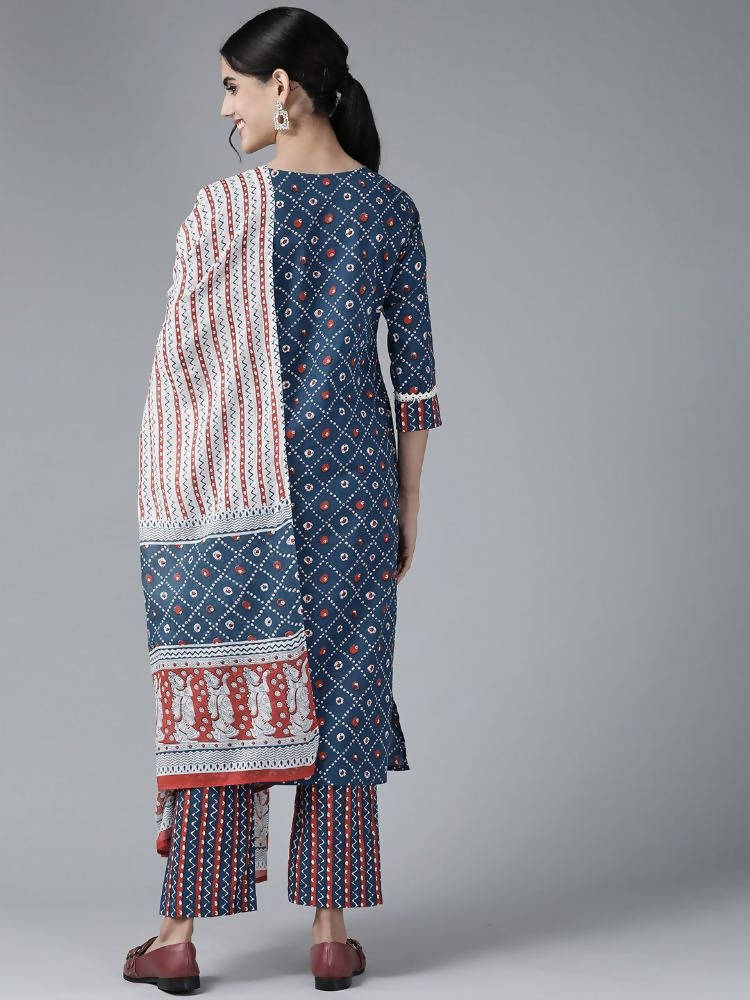 Yufta Women Blue & White Printed Pure Cotton Kurta with Palazzo & With Dupatta | Grocsy