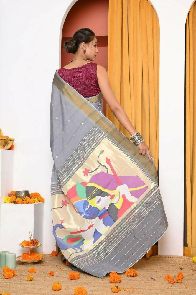 Very Much Indian Handloom Grey Cotton Paithani With Radha Krishna Pallu | Grocsy