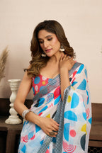 Vastranavya Multicolor Digital Printed Linen Ready To Wear Designer Saree with Unstitched Blouse | Grocsy