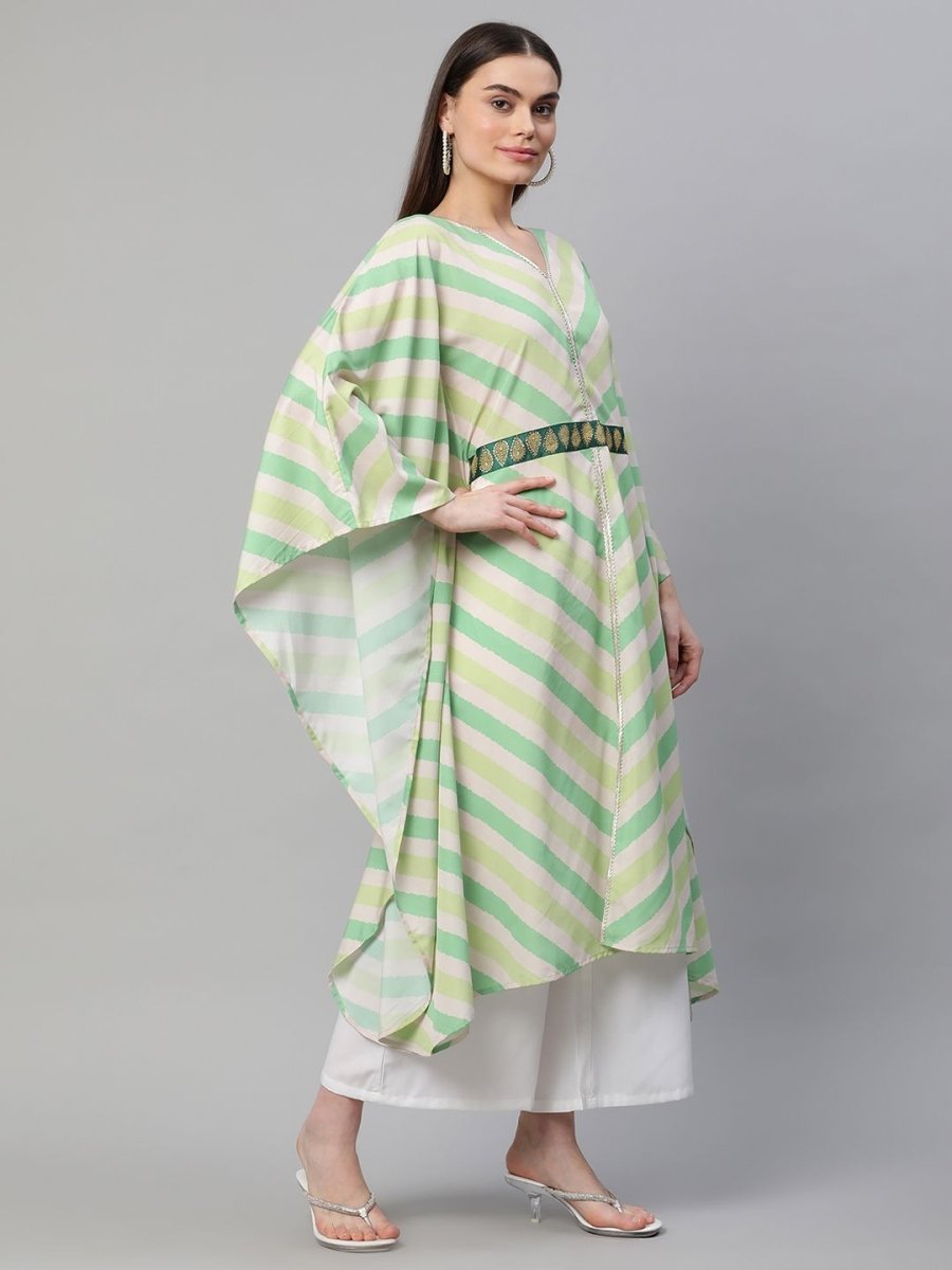 Ahalyaa Women Green Crepe Digital Printed Flared Sleeve Kaftan Kurta | Grocsy