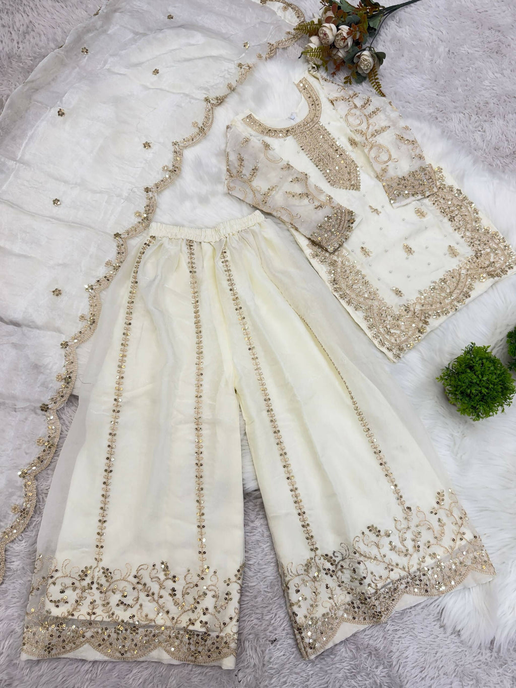 Teeya Creation Girls Heavy Embroidery White Ethnic Kurta And Palazzo Set With Net Dupatta | Grocsy