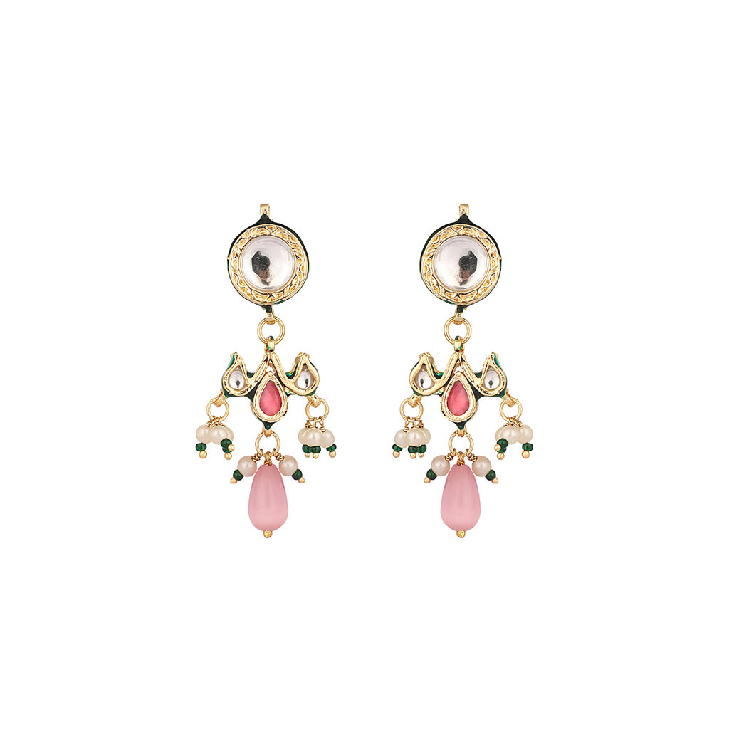 Nuyug 22K Gold Plated Pearl Empress Flora Pink Stone Drops Necklace Set | Grocsy