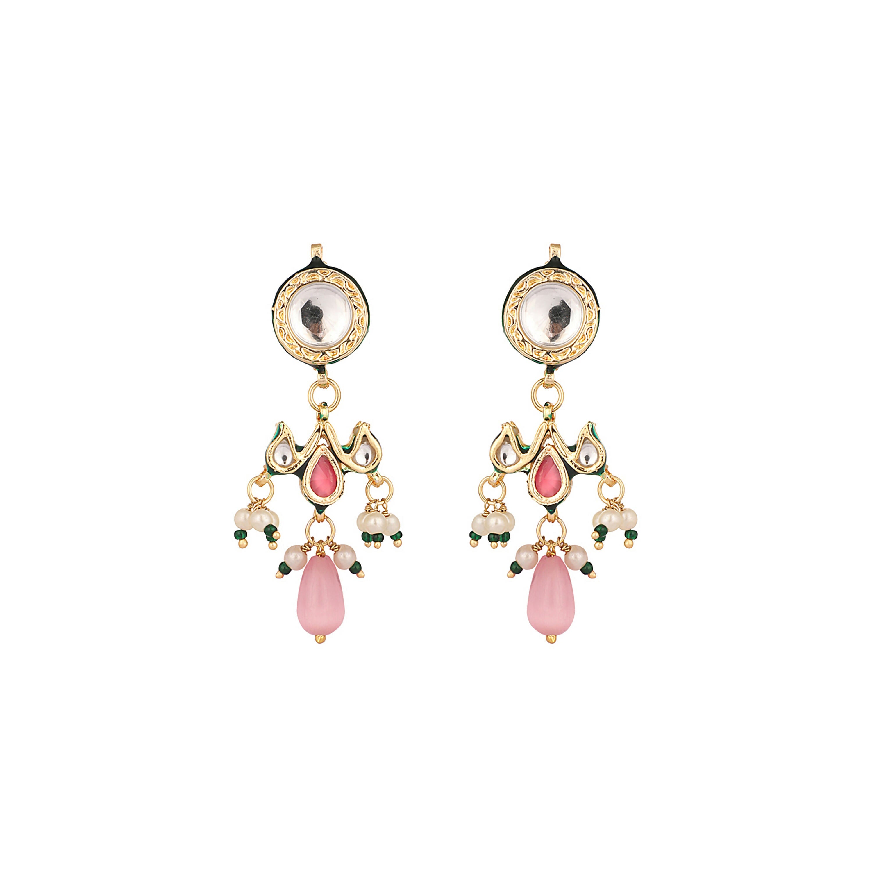 Nuyug 22K Gold Plated Pearl Empress Flora Pink Stone Drops Necklace Set | Grocsy