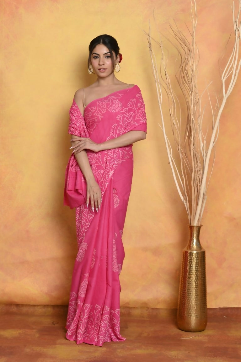 Very Much Indian Handblock Printed Cotton Saree With Natural Dyes - Pink | Grocsy