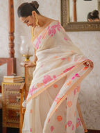 Prime Volt Women's Off-White Floral Digital Print Soft Linen Saree With Blouse | Grocsy