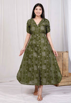 Miravan Women's Pure Cotton Floral Printed Green Button Down A-Line Midi Dress | Grocsy