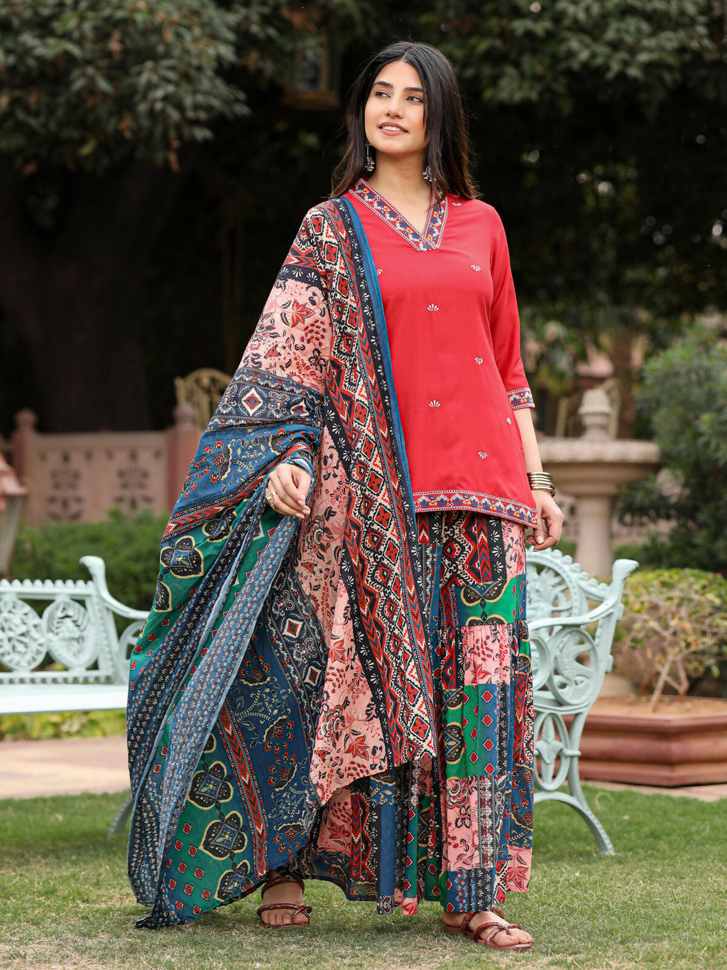 Juniper Women's Rust Thered Embroidered Rayon Kurta Sharara & Voile Dupatta Set | Grocsy