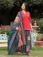 Juniper Women's Rust Thered Embroidered Rayon Kurta Sharara & Voile Dupatta Set | Grocsy