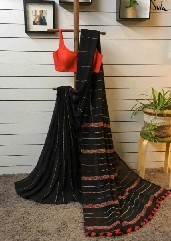 Exclusive Collection Khadi Cotton Handloom Khesh Saree With Blouse Piece - Black | Grocsy