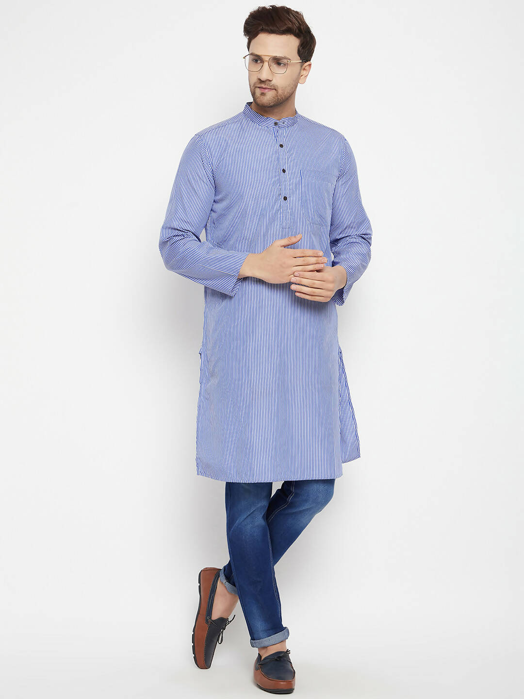 Even Apparels Blue Color Pure Cotton Long Men's Kurta With Band Collar | Grocsy