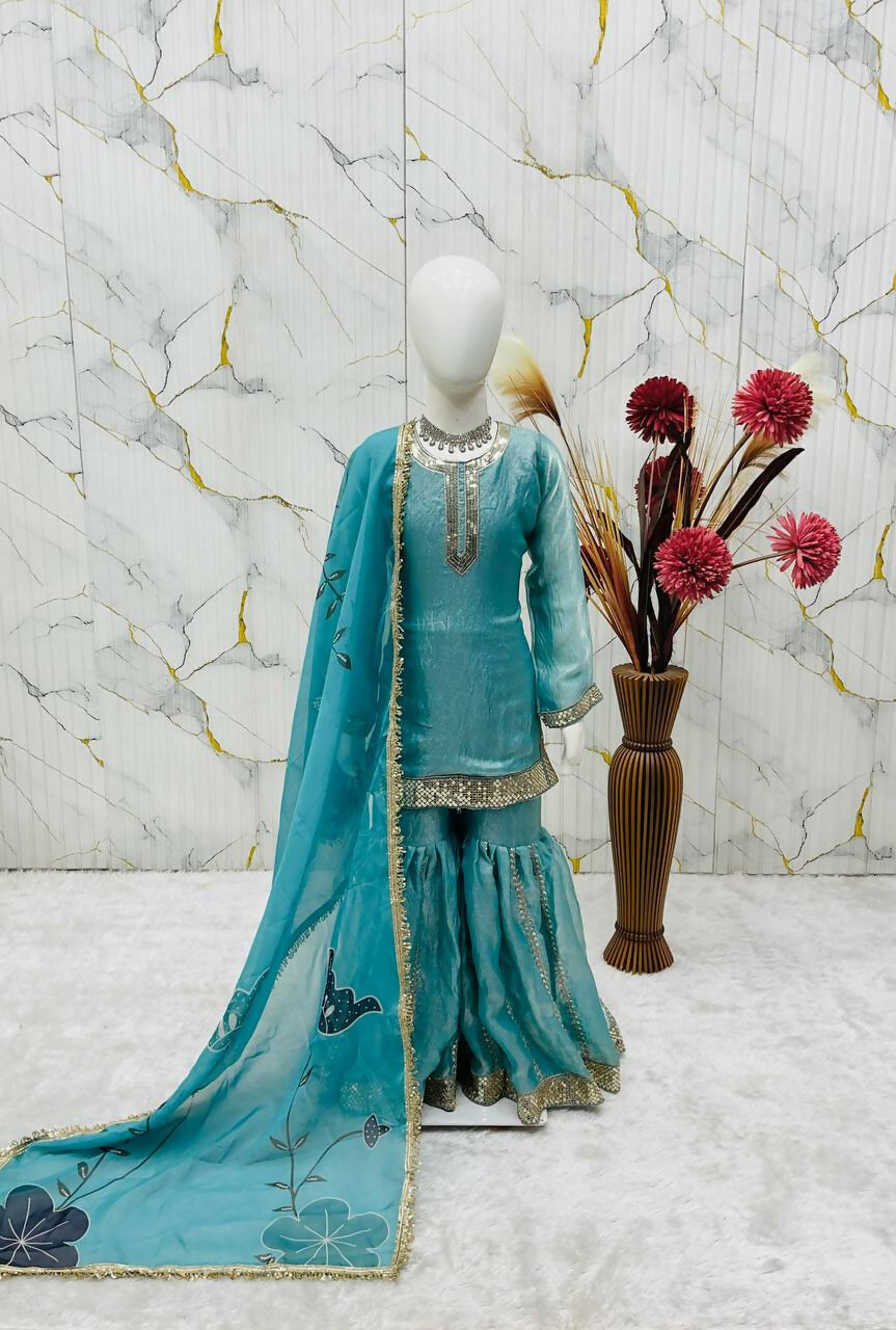 Teeya Creation New Kids Latest Trendy Kurta Sharara Set-Turquoise | Grocsy
