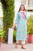 Yufta Women Blue & Off-White Printed Kurta with Trouser & Dupatta | Grocsy