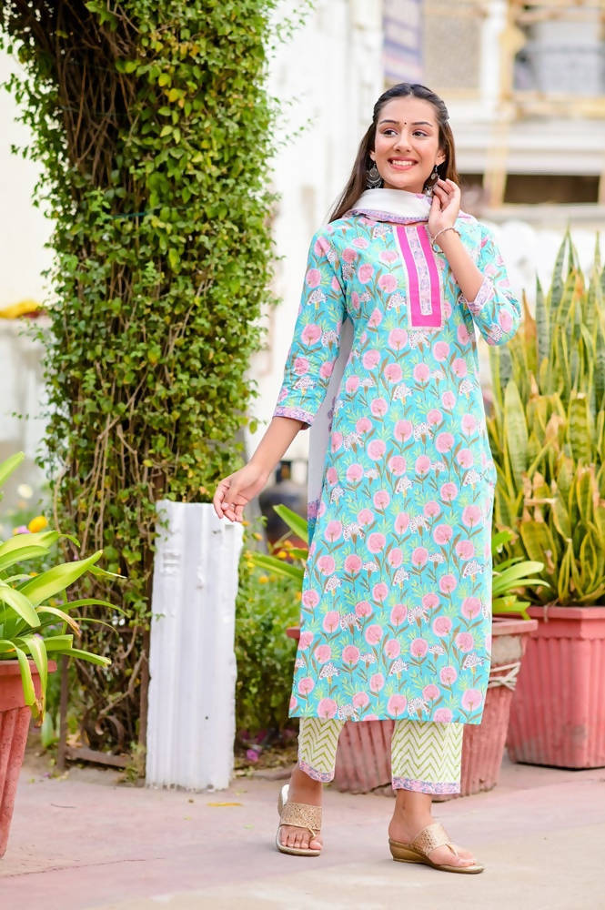 Yufta Women Blue & Off-White Printed Kurta with Trouser & Dupatta | Grocsy