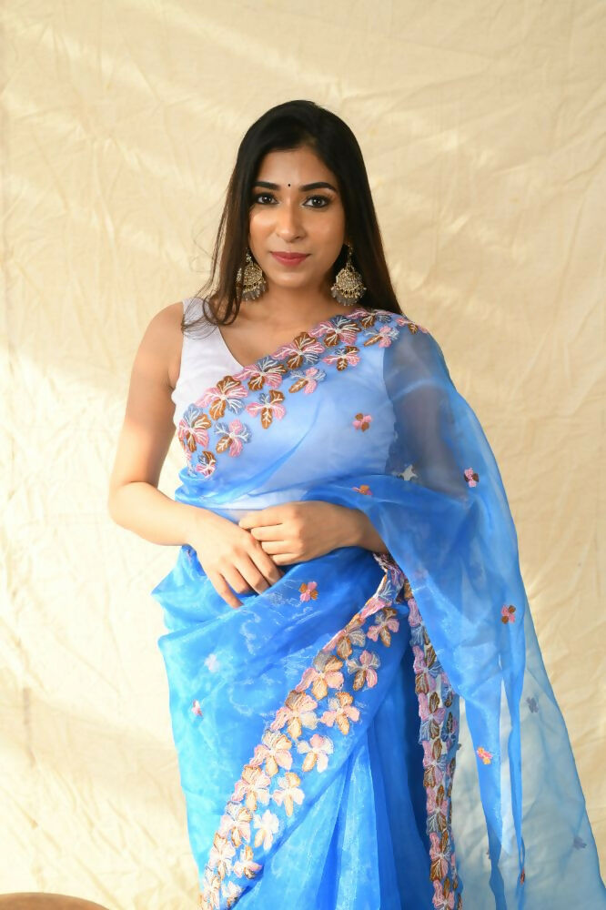 Vamsee Manali Blue Organza Saree | Grocsy