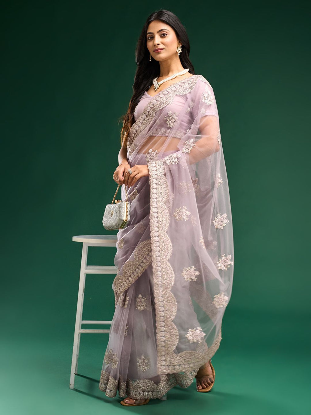 kasee Floral Embroidered Net Saree | Grocsy