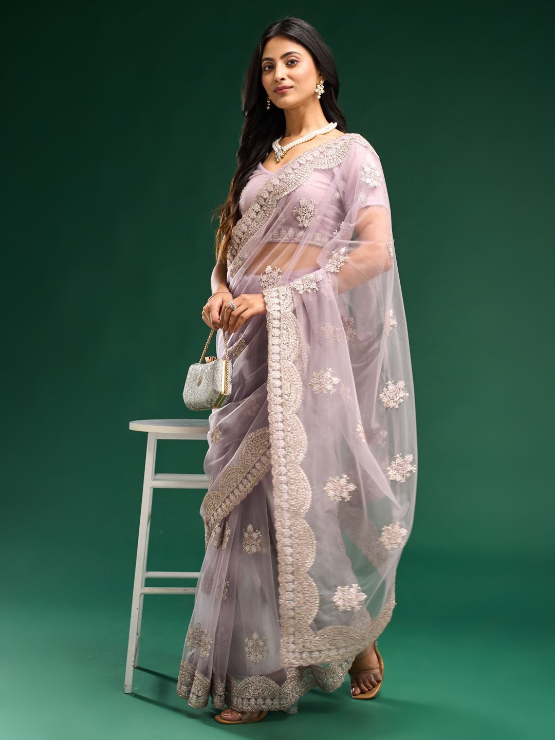 kasee Floral Embroidered Net Saree | Grocsy