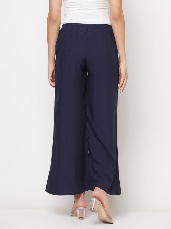 Aniyah Rayon Flared Slip-On Navy Blue Palazzo | Grocsy