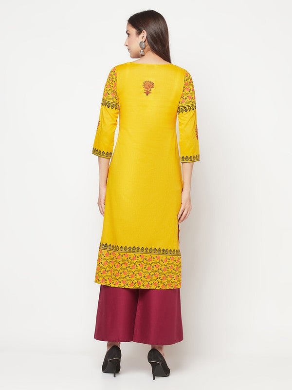 Aniyah Mustard Cotton Block Print Straight Kurta | Grocsy