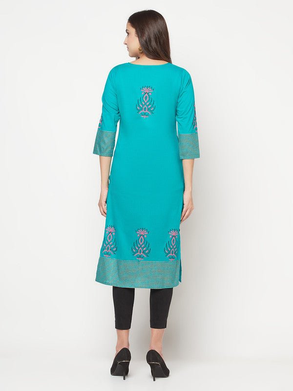 Aniyah Cotton Block Print Turquoise Straight Kurta | Grocsy