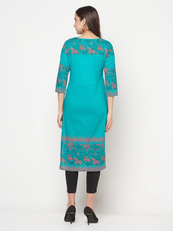 Aniyah Turquoise Cotton Block Print Straight Kurta | Grocsy