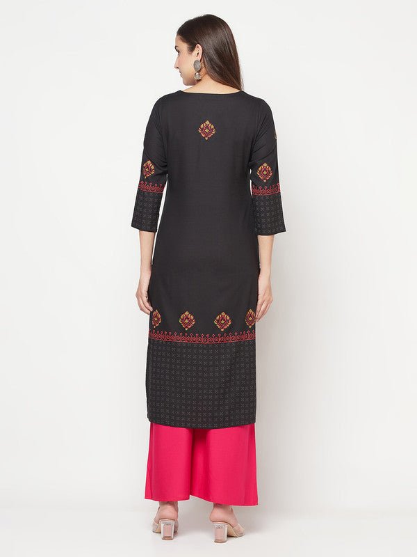 Aniyah Rayon Block Print Straight Kurta - Black | Grocsy