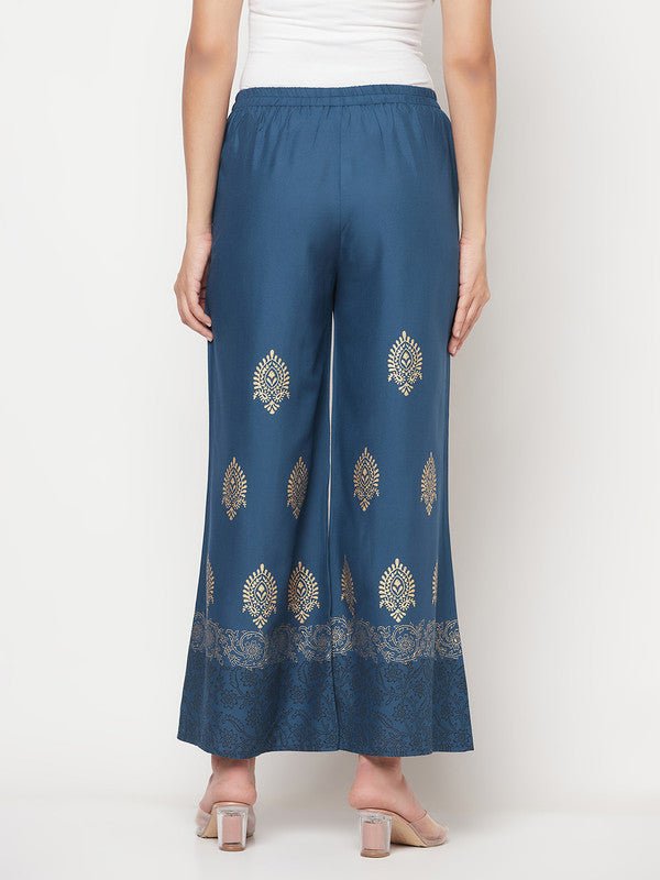 Aniyah Rayon Block Print Flared Slip-on Blue Palazzo | Grocsy