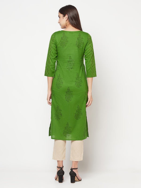 Aniyah Green Cotton Block print straight kurta | Grocsy