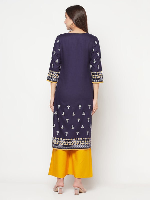 Aniyah Rayon Screen Print Navy Blue Straight Kurta | Grocsy