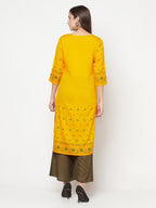 Aniyah Rayon Screen Print Mustard Straight Kurta | Grocsy