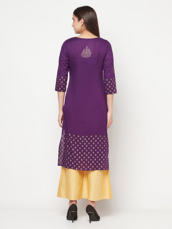 Aniyah Cotton Foil Print Purple Straight Kurta | Grocsy