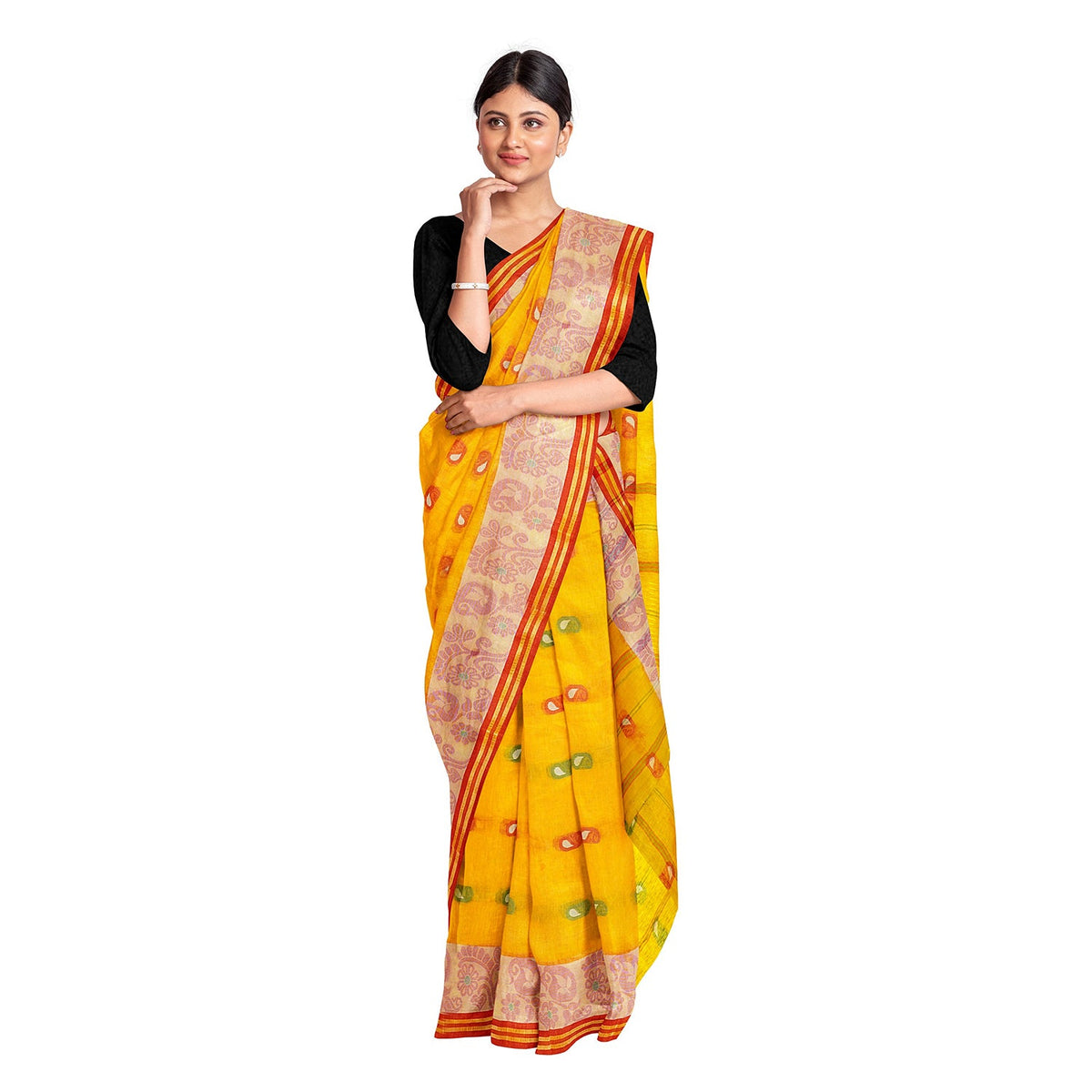 Exclusive Collection 100% Pure Cotton Yellow Tant Saree With Hand Weaving Work | Grocsy