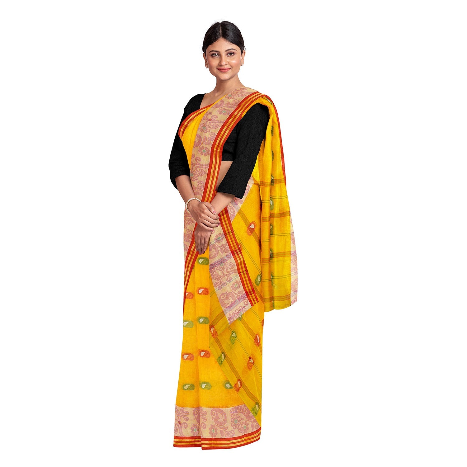 Exclusive Collection 100% Pure Cotton Yellow Tant Saree With Hand Weaving Work | Grocsy