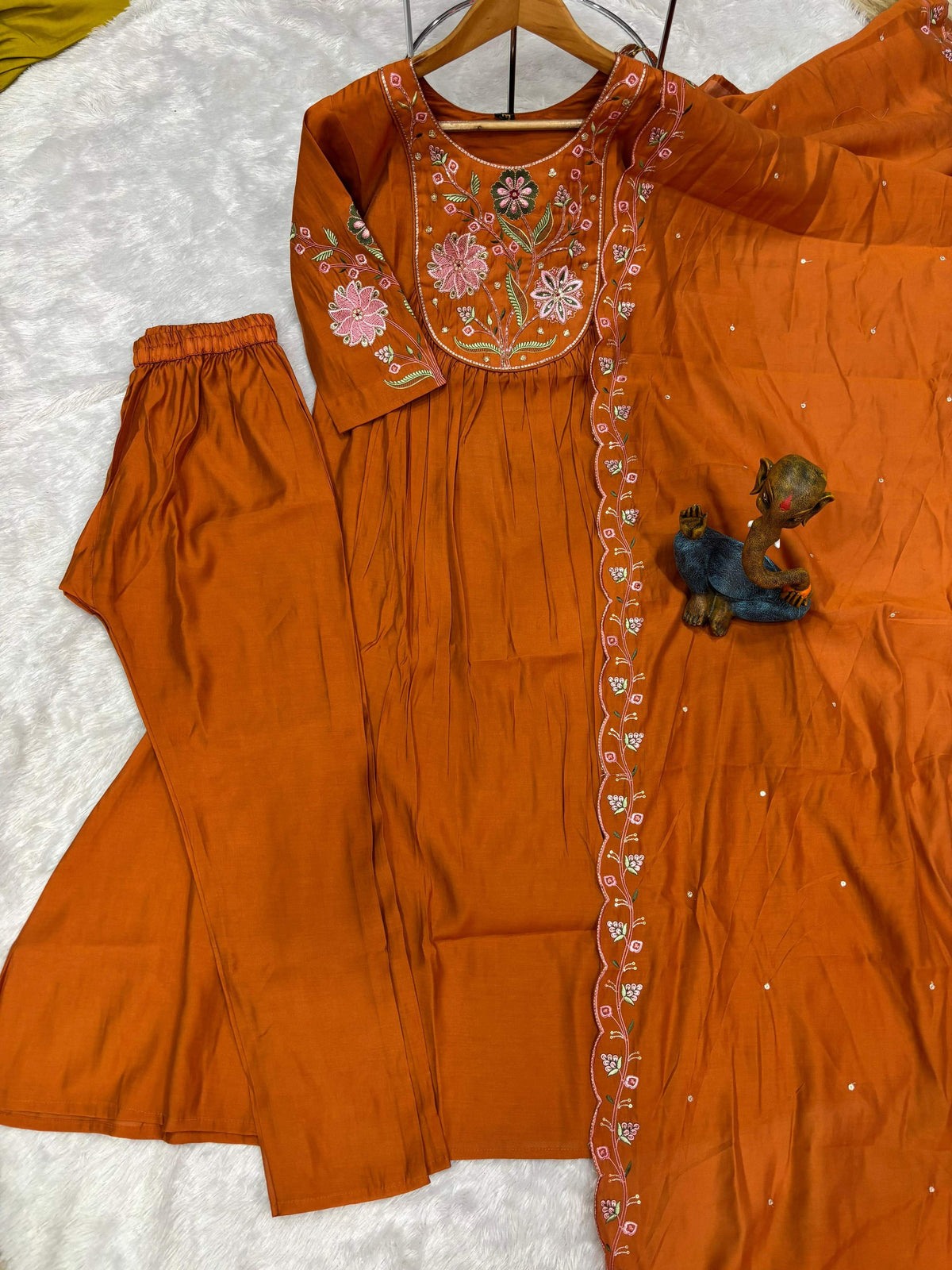 Pramukh Fab Rust Color Viscose Roman Silk Kurta Set | Grocsy