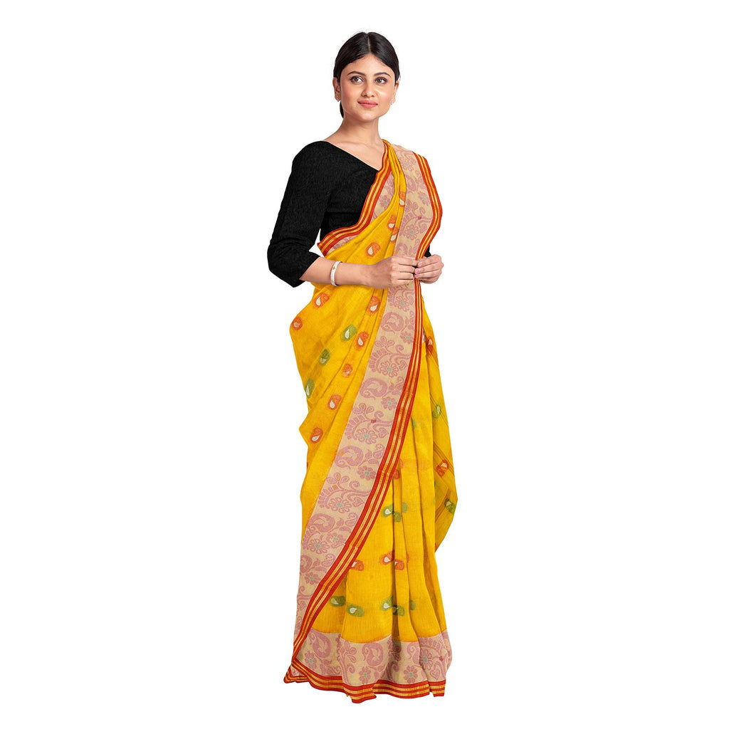 Exclusive Collection 100% Pure Cotton Yellow Tant Saree With Hand Weaving Work | Grocsy