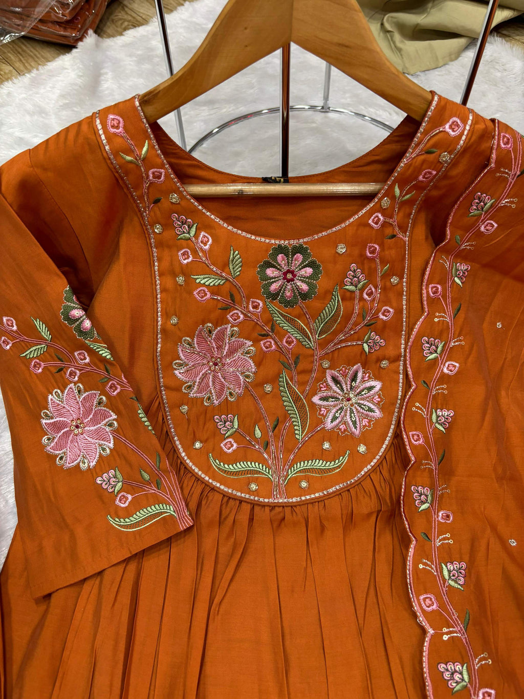 Pramukh Fab Rust Color Viscose Roman Silk Kurta Set | Grocsy