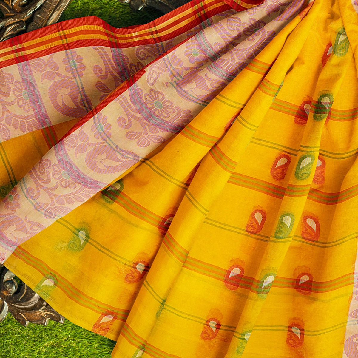 Exclusive Collection 100% Pure Cotton Yellow Tant Saree With Hand Weaving Work | Grocsy
