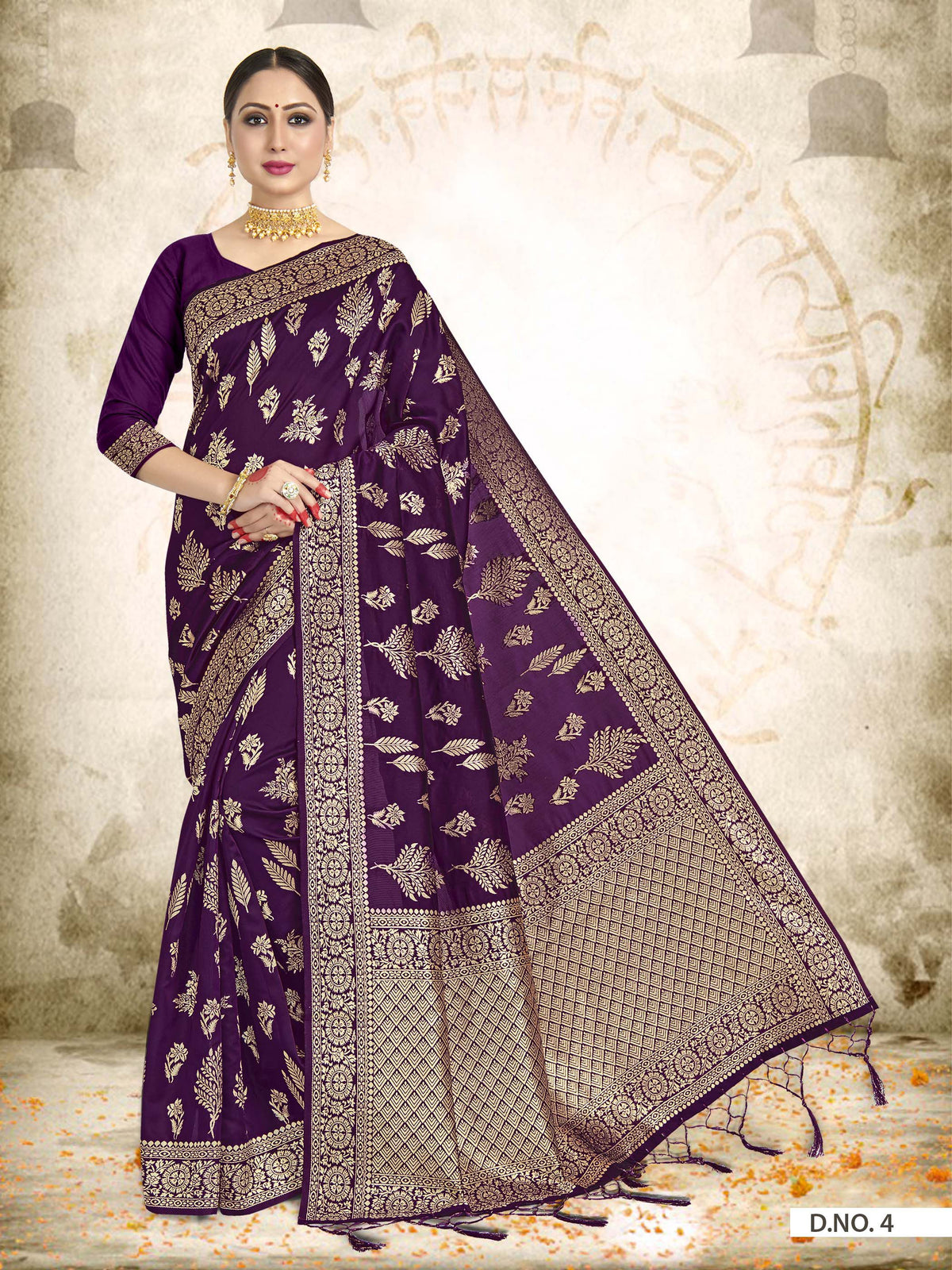 Vardha Wine Purple Woven Banarasi Saree | Grocsy