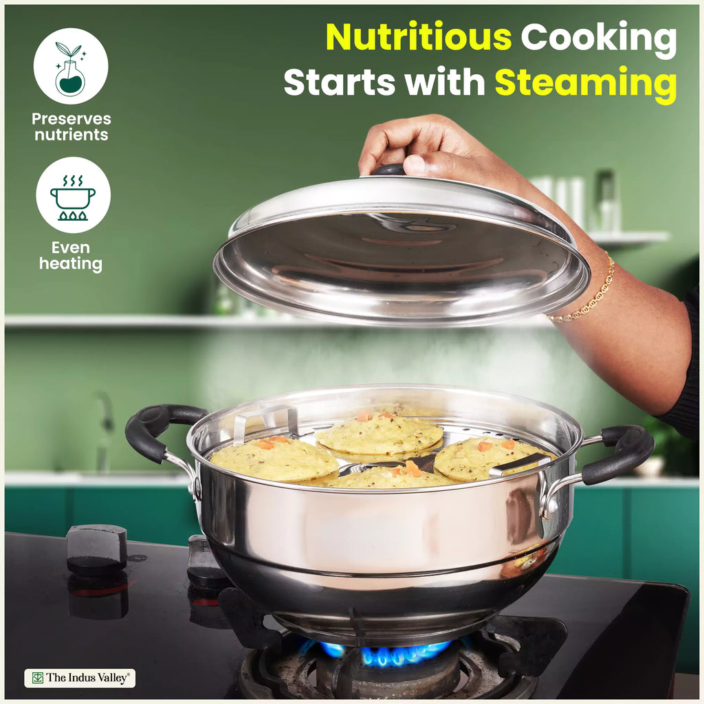 The Indus Valley 8 Pit Tri-Steel Multi Pot Premium Stainless Steel Idli/ Dhokla/ Momo Maker/ Veg Steaming Set, Tri-ply Induction Bottom, 5 Plates, 3L | Grocsy