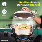 The Indus Valley 8 Pit Tri-Steel Multi Pot Premium Stainless Steel Idli/ Dhokla/ Momo Maker/ Veg Steaming Set, Tri-ply Induction Bottom, 5 Plates, 3L | Grocsy