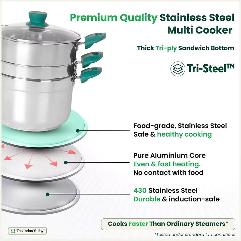 The Indus Valley Tri-steel Multi Cooker Pot Premium Stainless Steel Momo Maker/ Idiyappam/ Biryani/  Veg Steaming Set, 3 Pots, 21cm | Grocsy