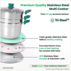 The Indus Valley Tri-steel Multi Cooker Pot Premium Stainless Steel Momo Maker/ Idiyappam/ Biryani/  Veg Steaming Set, 3 Pots, 21cm | Grocsy