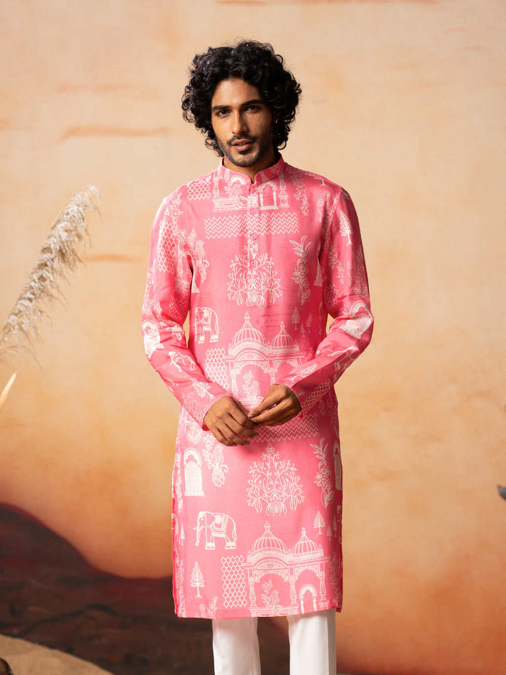 Botanical Architecture Traditional Printed Silk Kurta by Hilo Design | Grocsy