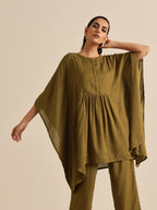 trueBrowns Olive Green Texture Doddy Kaftan Gathered Co-Ord Set | Grocsy