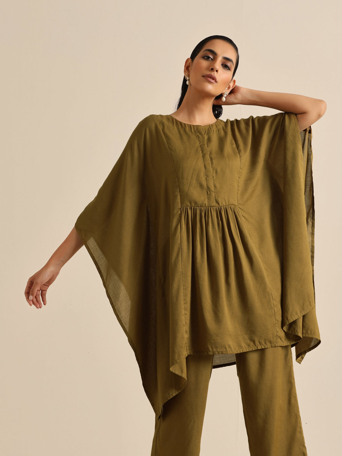 trueBrowns Olive Green Texture Doddy Kaftan Gathered Co-Ord Set | Grocsy