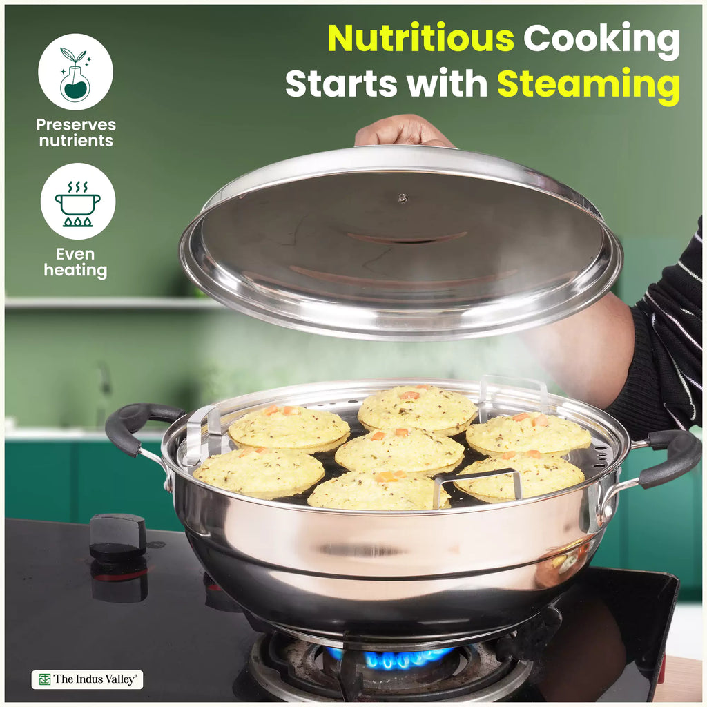 The Indus Valley 14 Pit Tri-Steel Multi Pot Premium Stainless Steel Idli/ Dhokla/ Momo Maker/  Veg Steaming Set, Tri-ply Induction Bottom, 5 Plates, 4.2L, 2.5kg | Grocsy