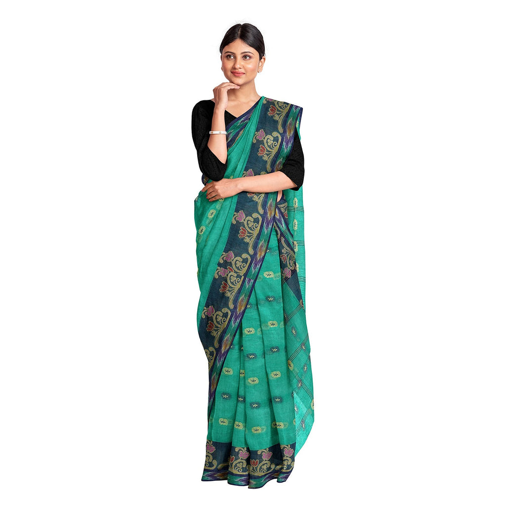Exclusive Collection 100% Pure Cotton Green Tant Saree With Hand Weaving Work | Grocsy
