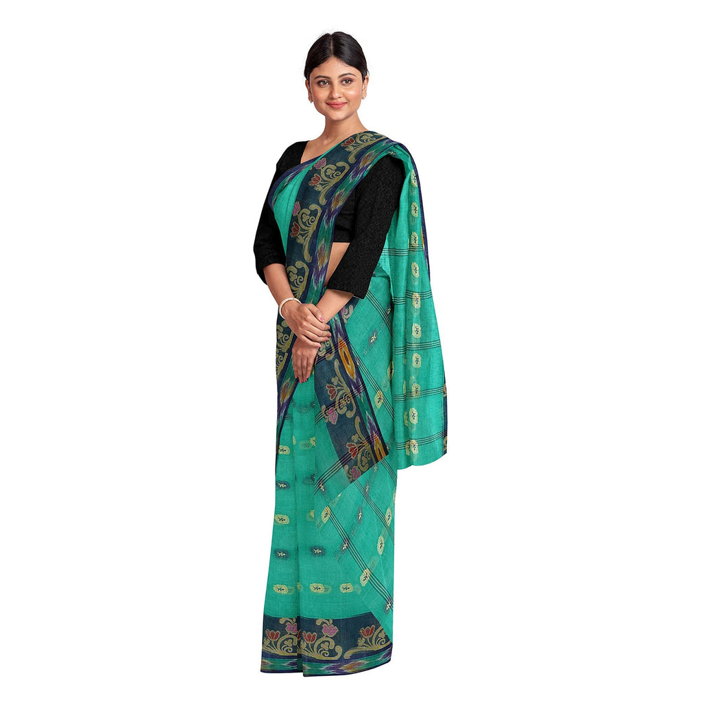 Exclusive Collection 100% Pure Cotton Green Tant Saree With Hand Weaving Work | Grocsy